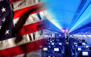 A USA flag merged with the interior of an aircraft cabin, showing Cobalt Spectrum lighting