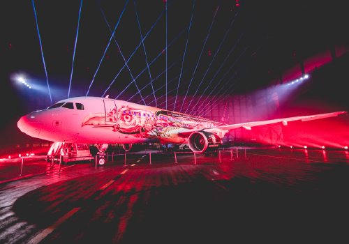 Lights illuminate the livery of Amare, the latest in the Belgian Icons series of aircraft by Brussels Airlines