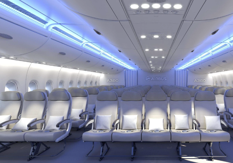 Cobalt Spectrum LED mood lighting shown in an Airbus aircraft cabin interior.