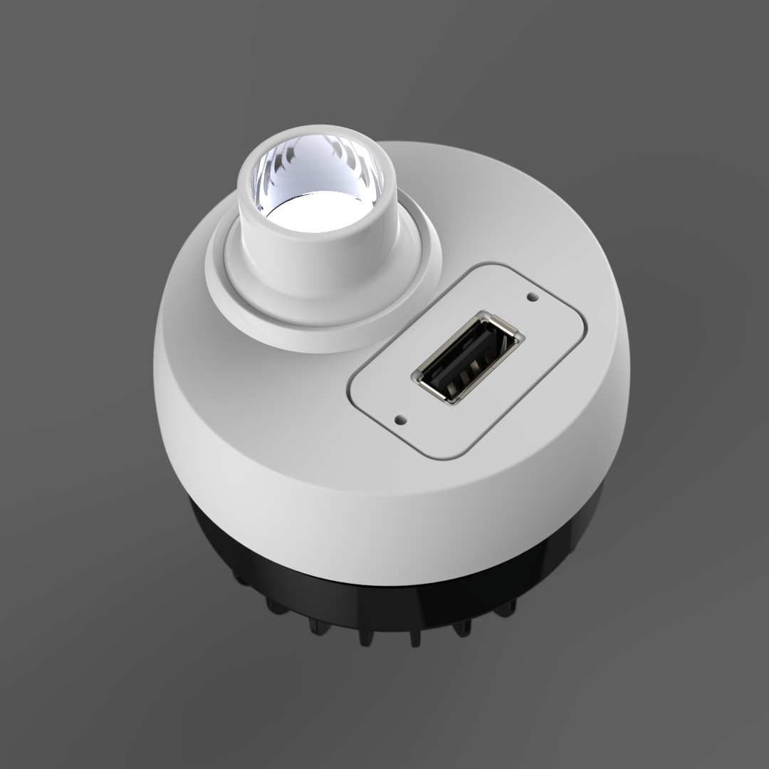 An aircraft reading light replacement module, with multi-directional LED reading light and USB charging port.